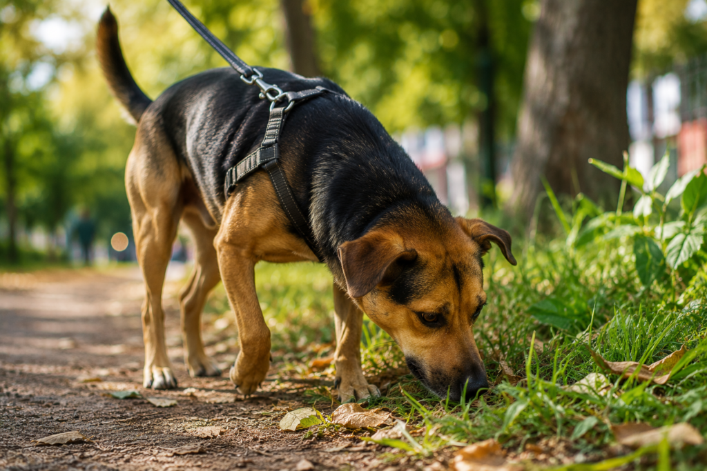 Cachorro durante passeio farejando o ambiente
