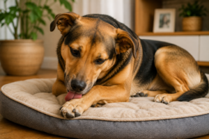 Cachorro lambendo a pata deitado na caminha