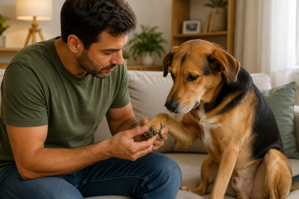 Tutor examinando cachorro lambendo a pata para identificar sinais de irritação
