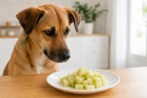Cachorro observando chuchu cozido sem tempero em um prato