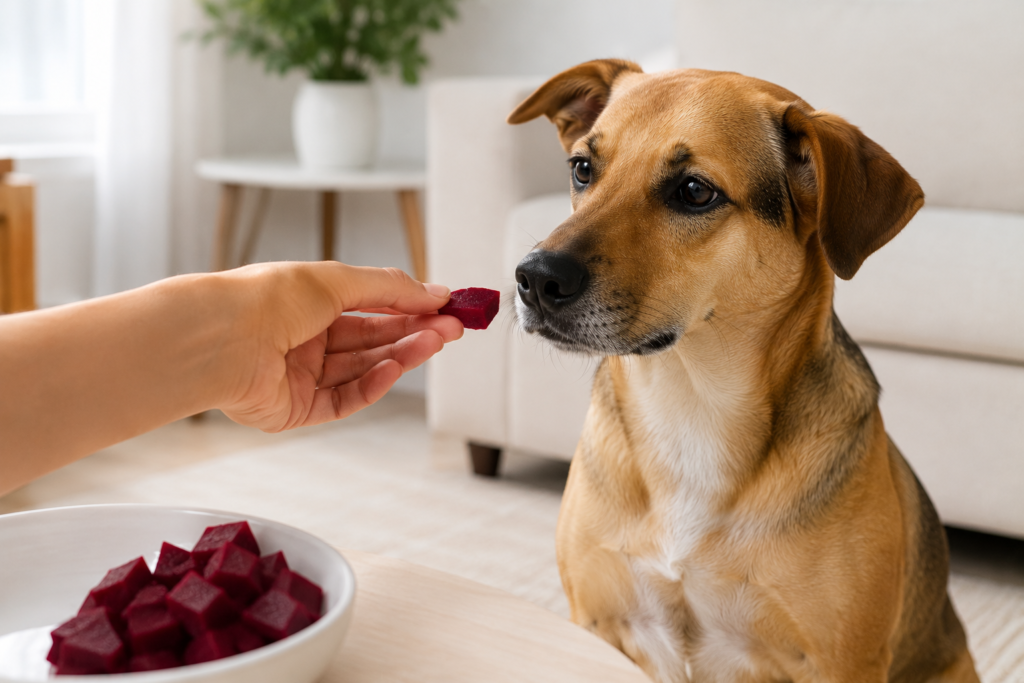 Tutor oferecendo pequeno pedaço de beterraba para cachorro